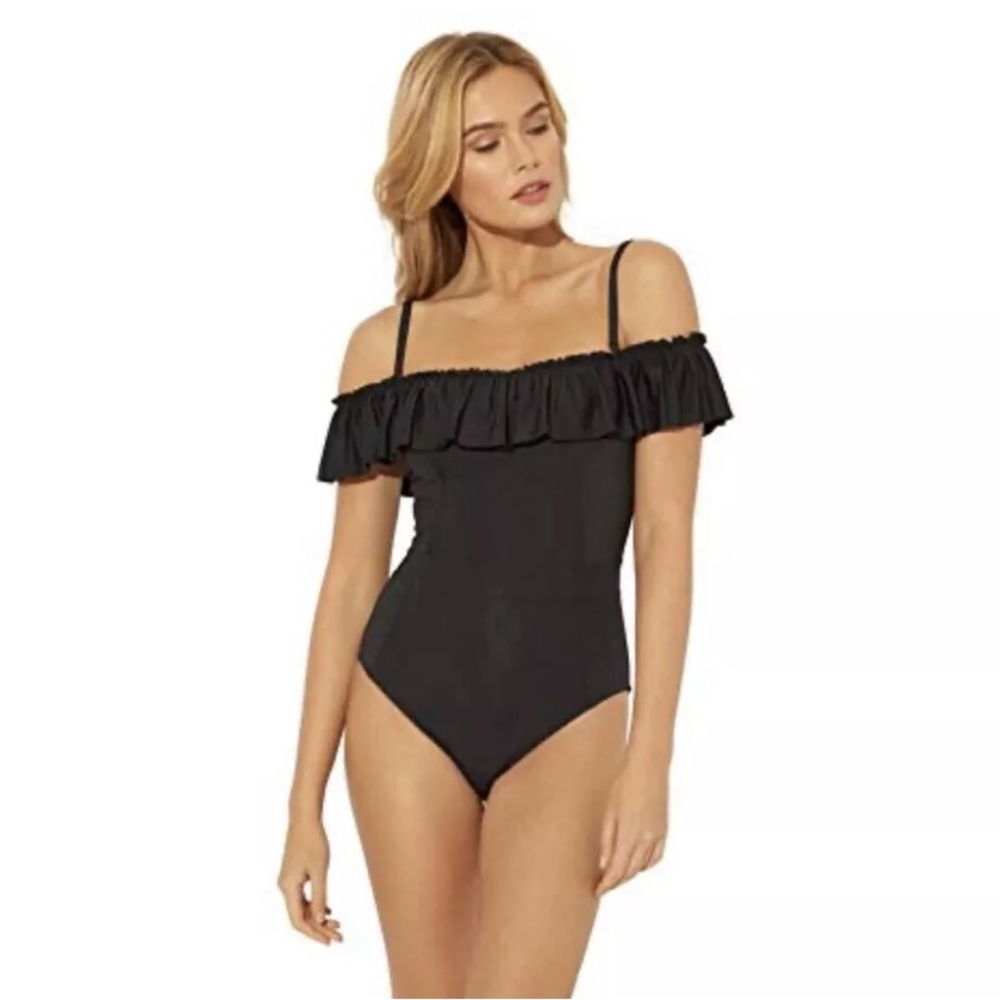 Bleu Rod Beattie Ruffle Me Up Off-The-Shoulder Banded Mio One-Piece Black 8